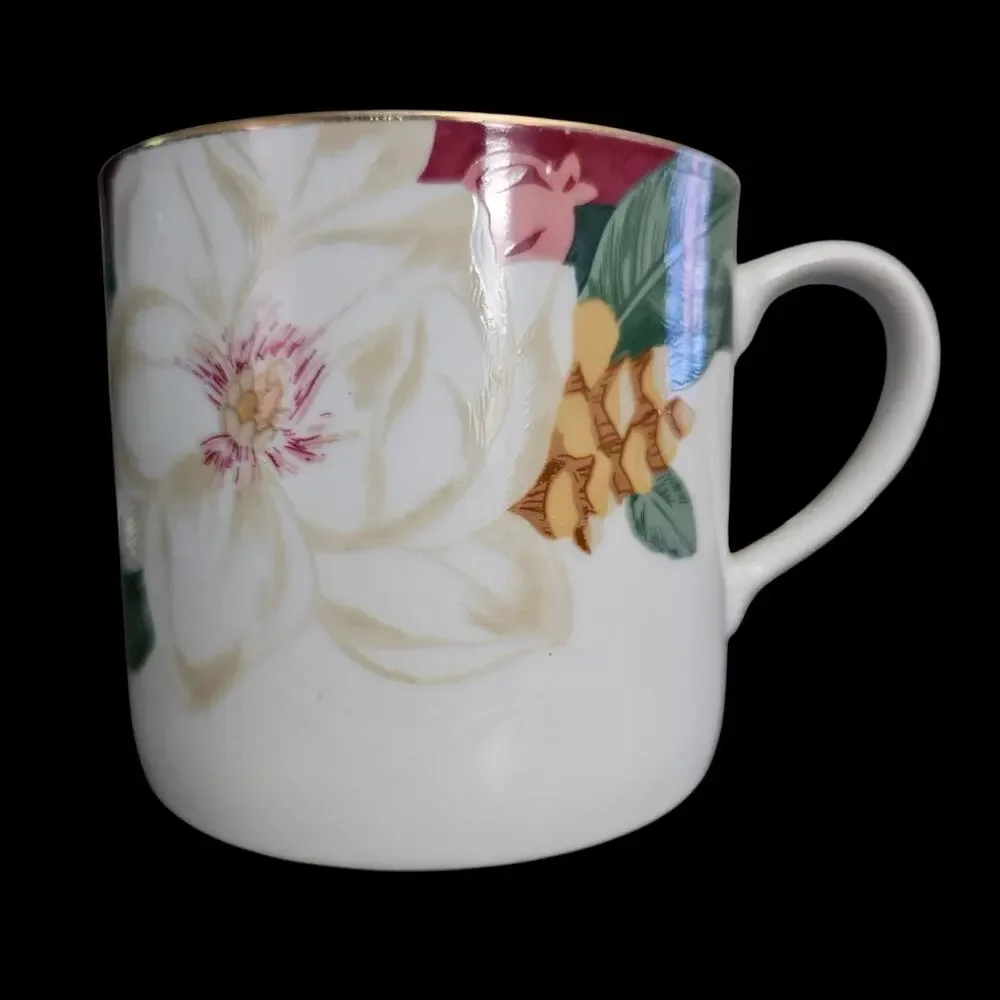 Tienshan Magnolia Fine China Coffee Tea Cups Set of 3 Floral Gold Trim